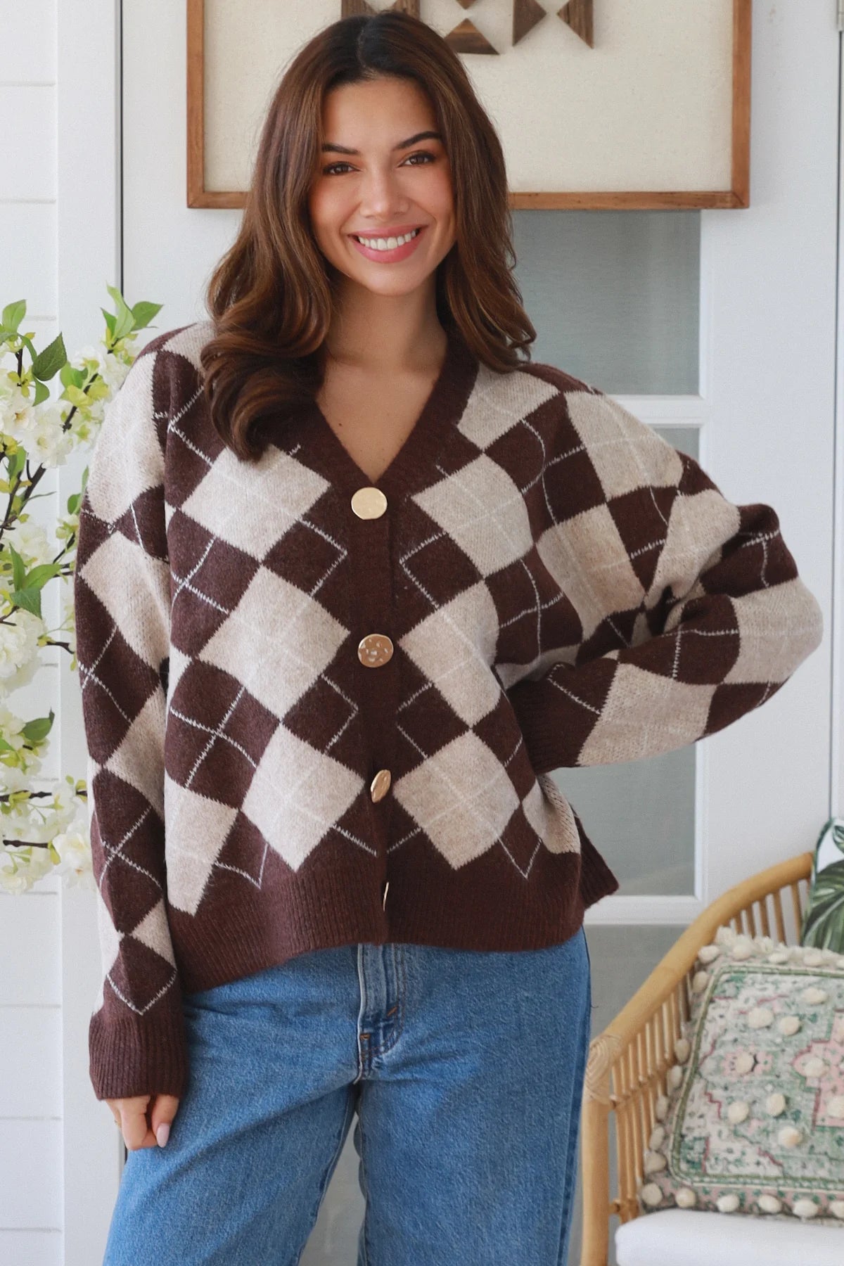 Argyle Gold Button Up Cardigan