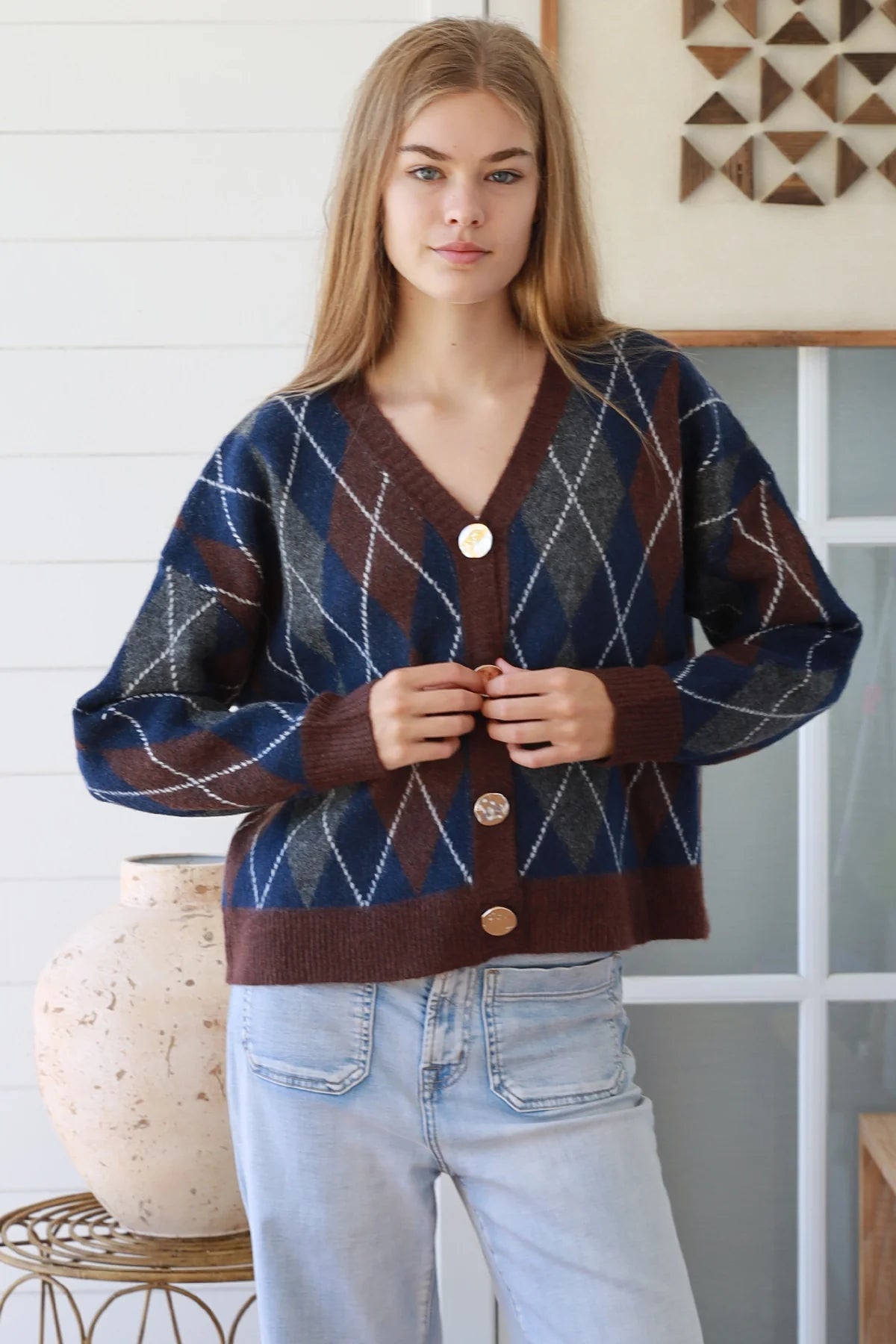 Argyle Gold Button Up Cardigan