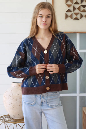 Argyle Gold Button Up Cardigan
