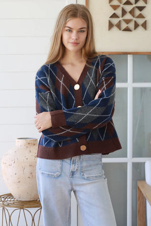Argyle Gold Button Up Cardigan