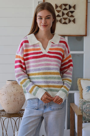 #Raine Collared V-neck Striped Knit Jumper