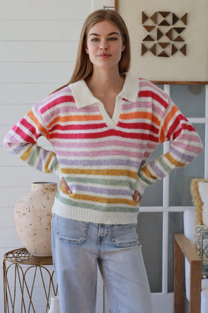 #Raine Collared V-neck Striped Knit Jumper