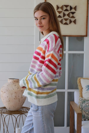 #Raine Collared V-neck Striped Knit Jumper