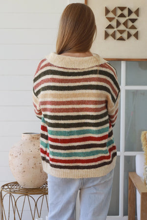#Raine Collared V-neck Striped Knit Jumper