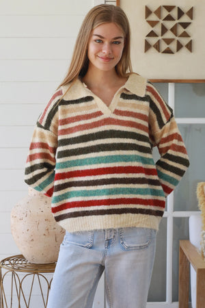 #Raine Collared V-neck Striped Knit Jumper