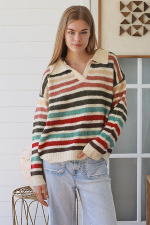 #Raine Collared V-neck Striped Knit Jumper