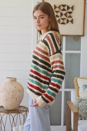 #Raine Collared V-neck Striped Knit Jumper