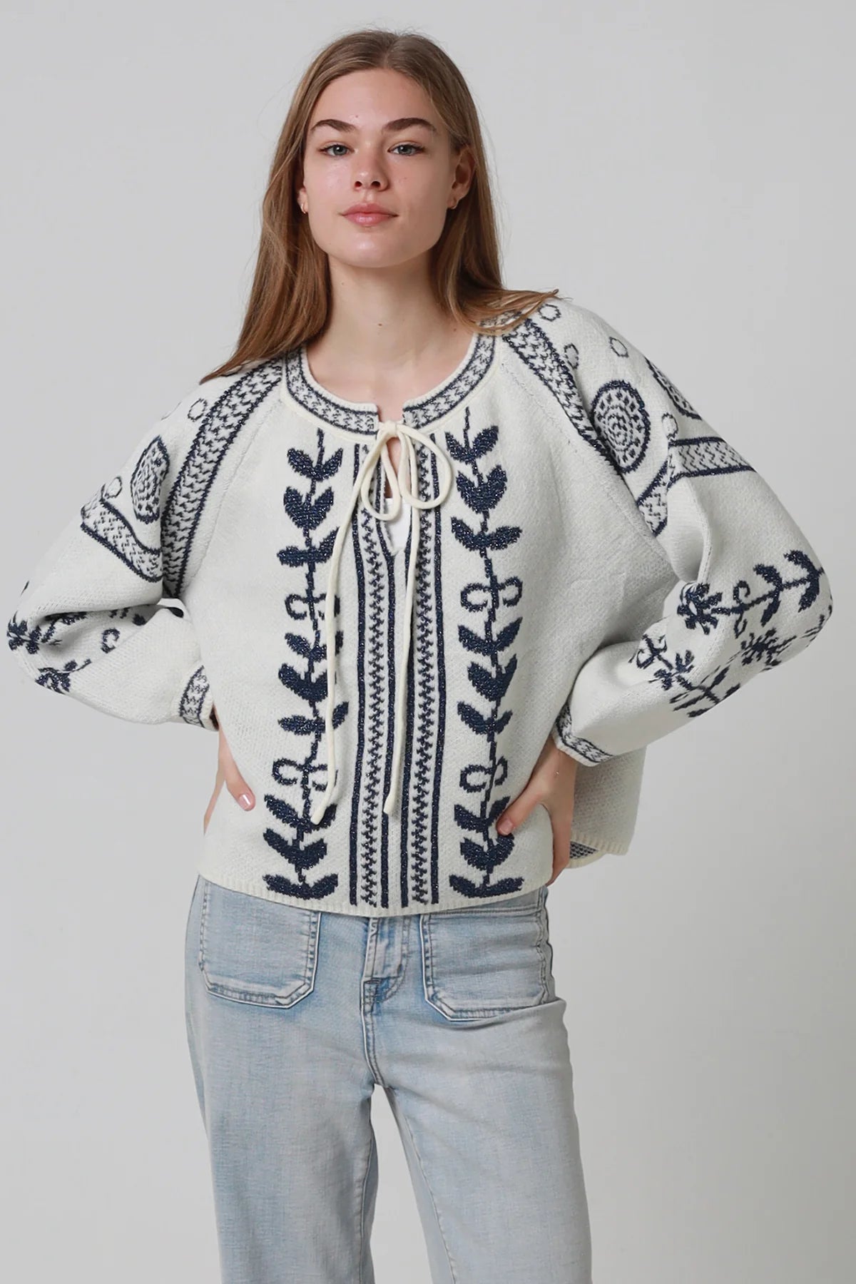 Boho Lurex Knitted V-neck Jumper