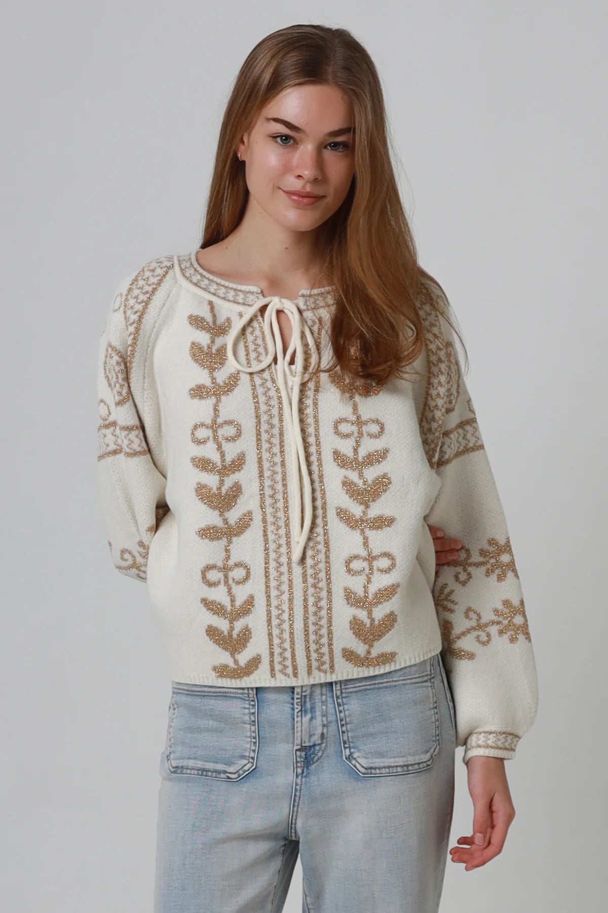 Boho Lurex Knitted V-neck Jumper