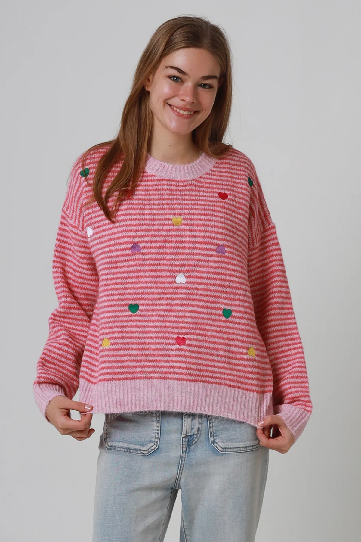 Heart Embroidered Striped Jumper