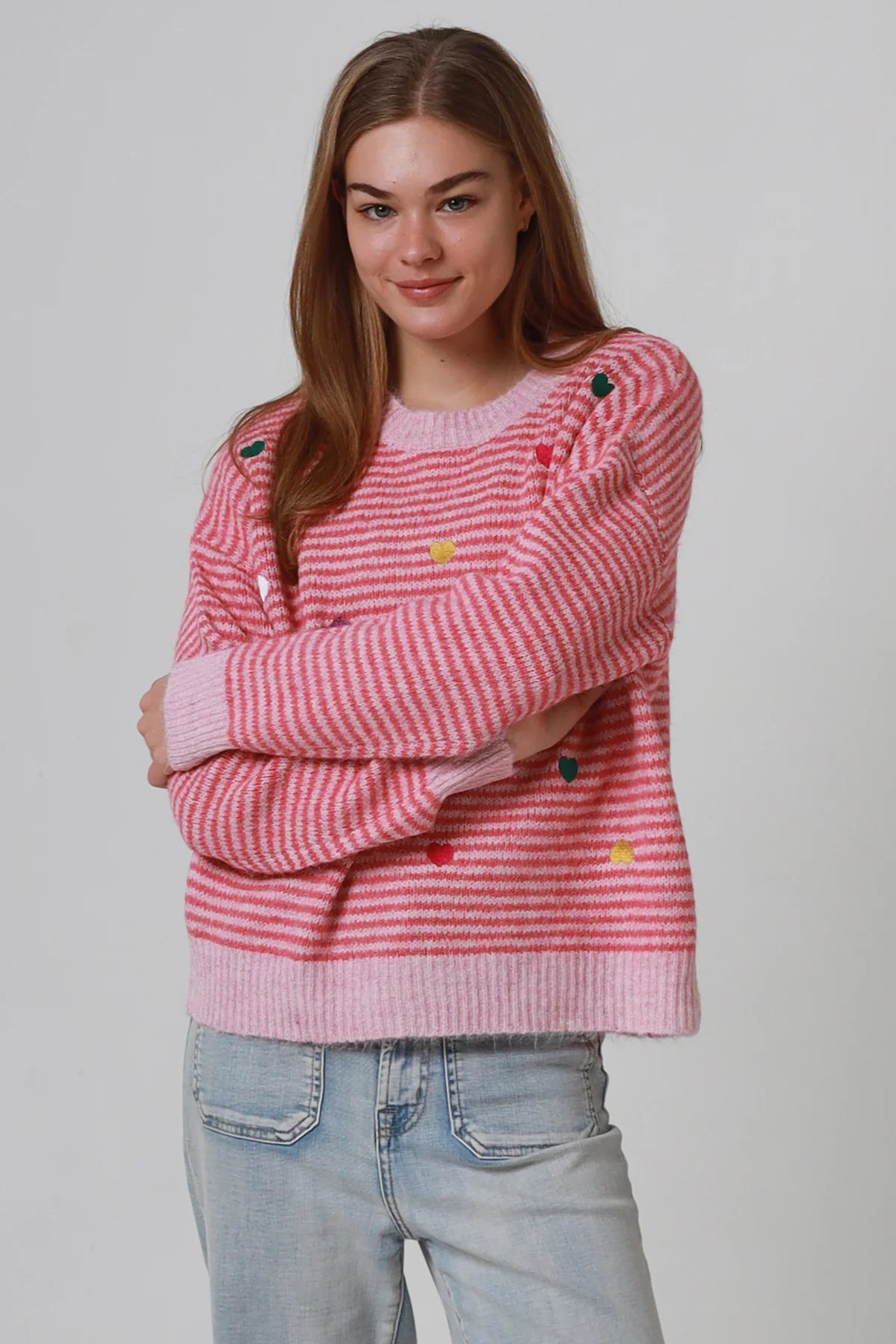 Heart Embroidered Striped Jumper