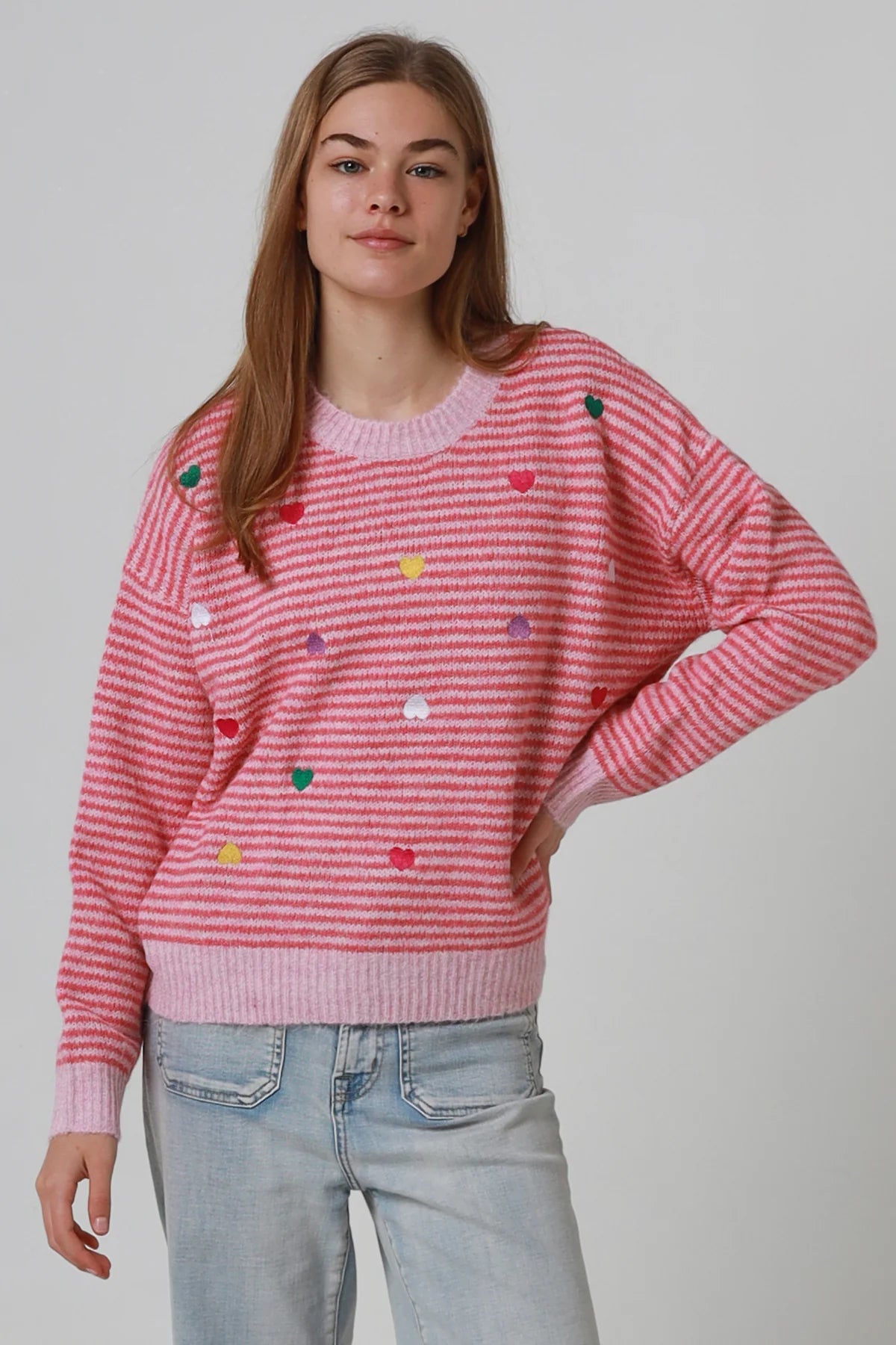 Heart Embroidered Striped Jumper