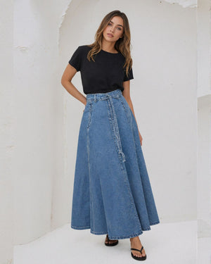 #A-Line Tie Belted Denim Skirt