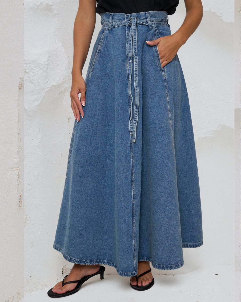 #A-Line Tie Belted Denim Skirt