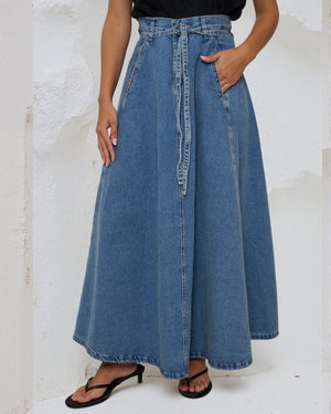 #A-Line Tie Belted Denim Skirt