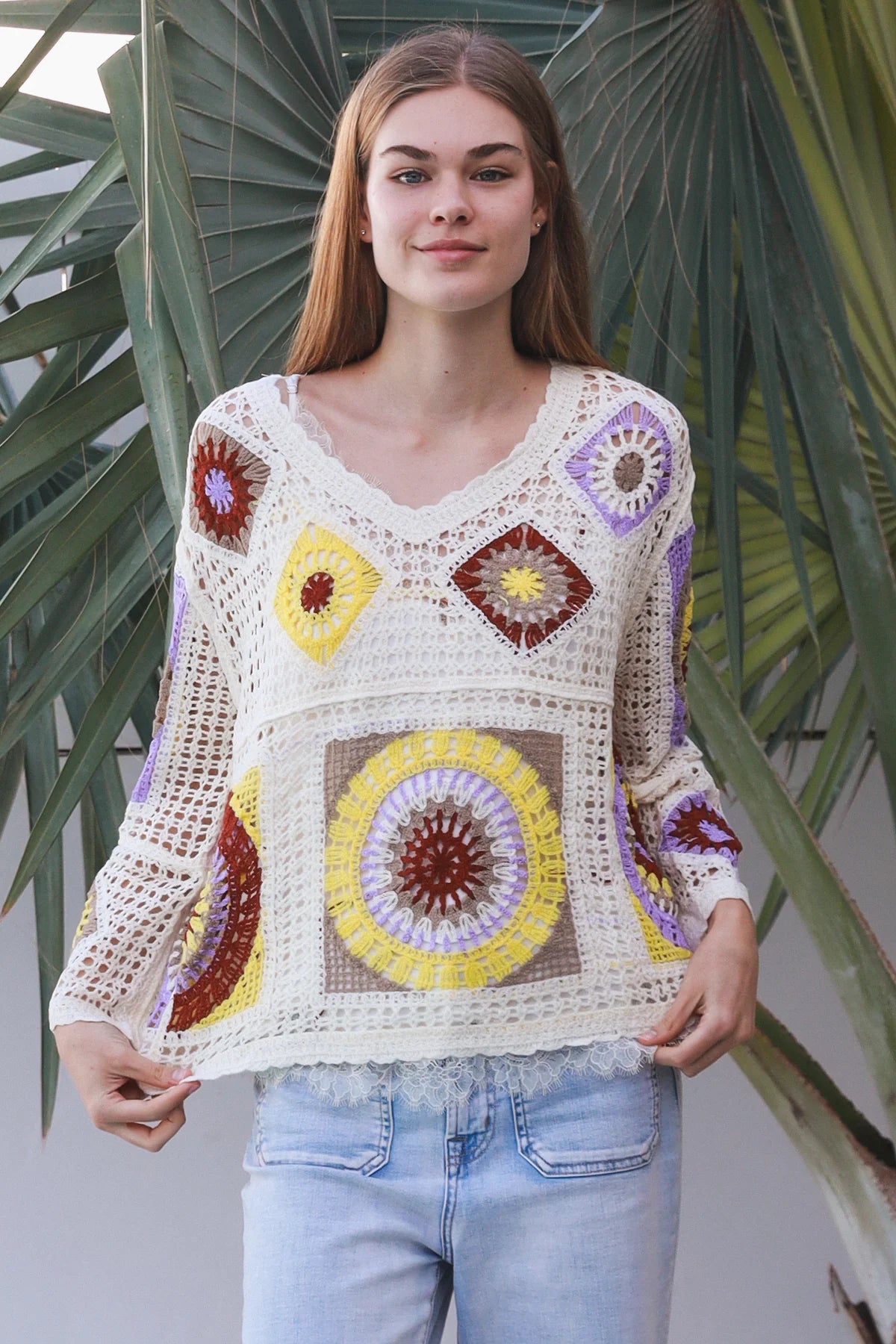 Kia V-Neck long Sleeve Crochet Top