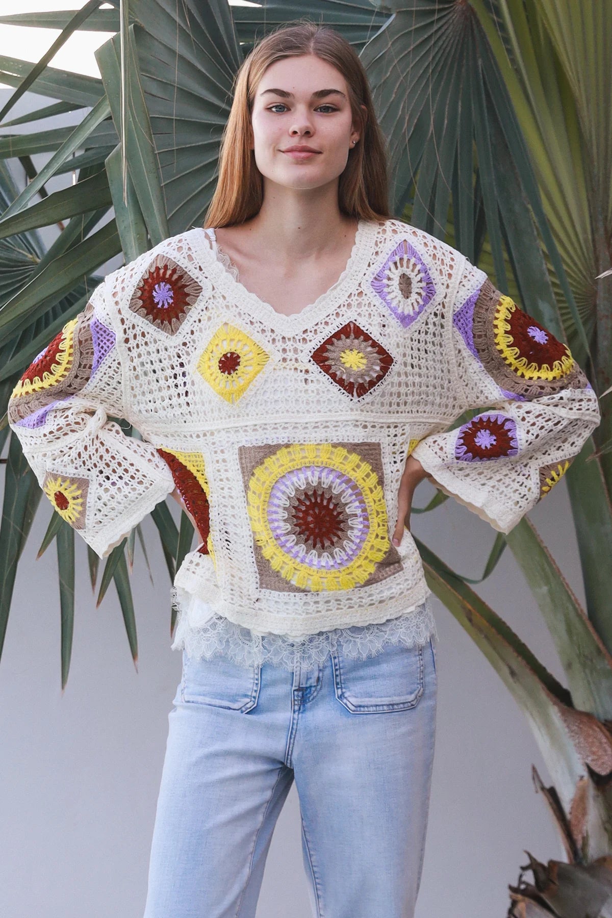 Kia V-Neck long Sleeve Crochet Top