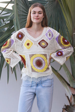 Kia V-Neck long Sleeve Crochet Top