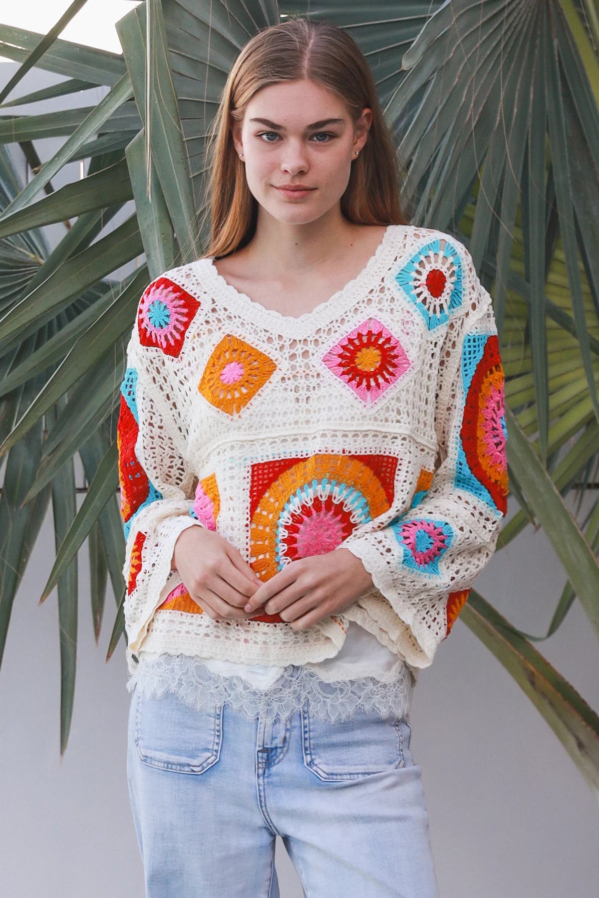Kia V-Neck long Sleeve Crochet Top