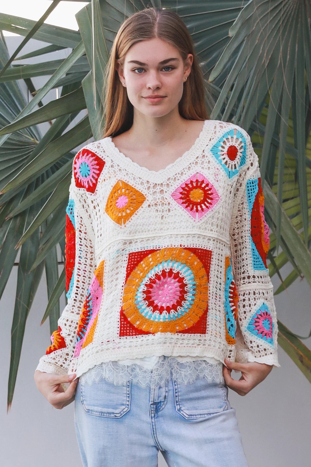 Kia V-Neck long Sleeve Crochet Top