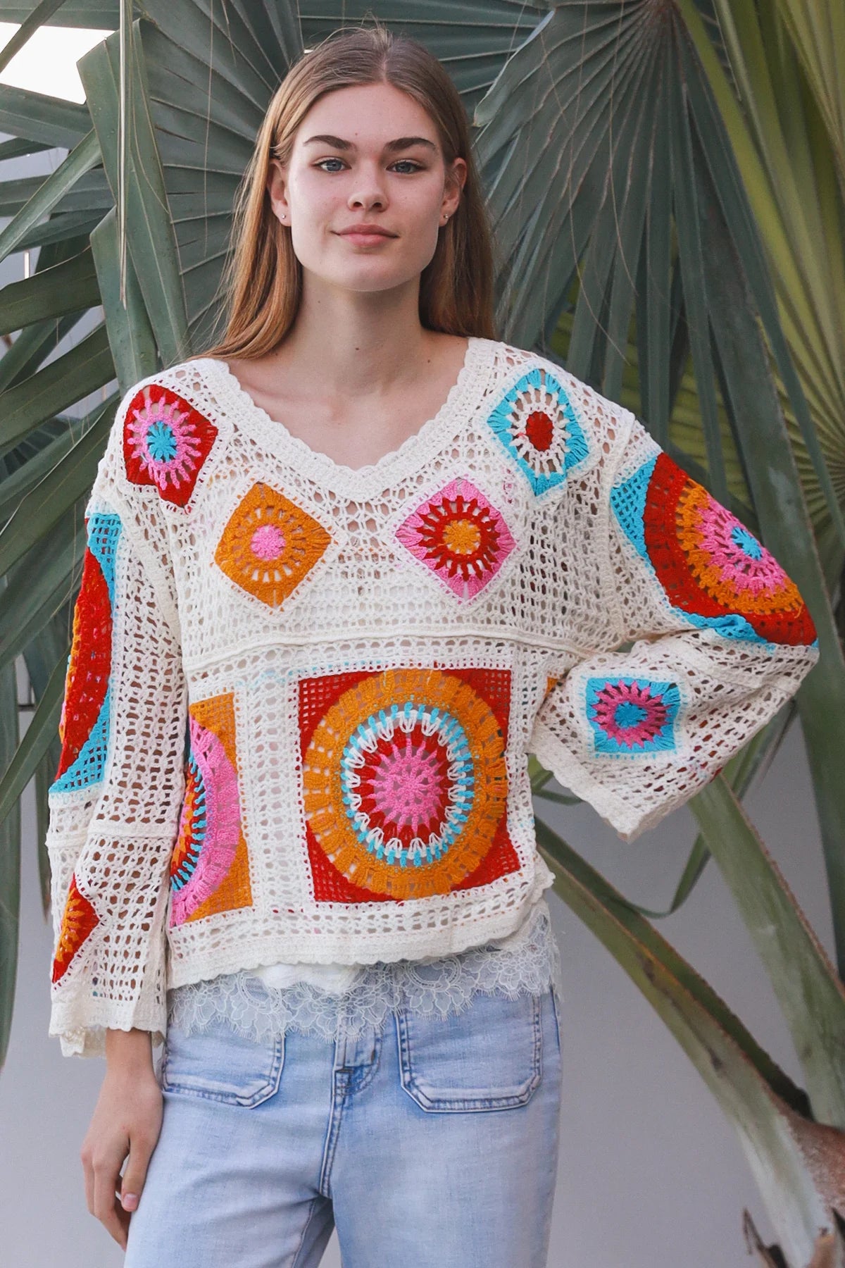 Kia V-Neck long Sleeve Crochet Top