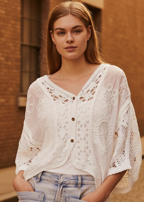 Lydia Button Up Crochet Batwing Top