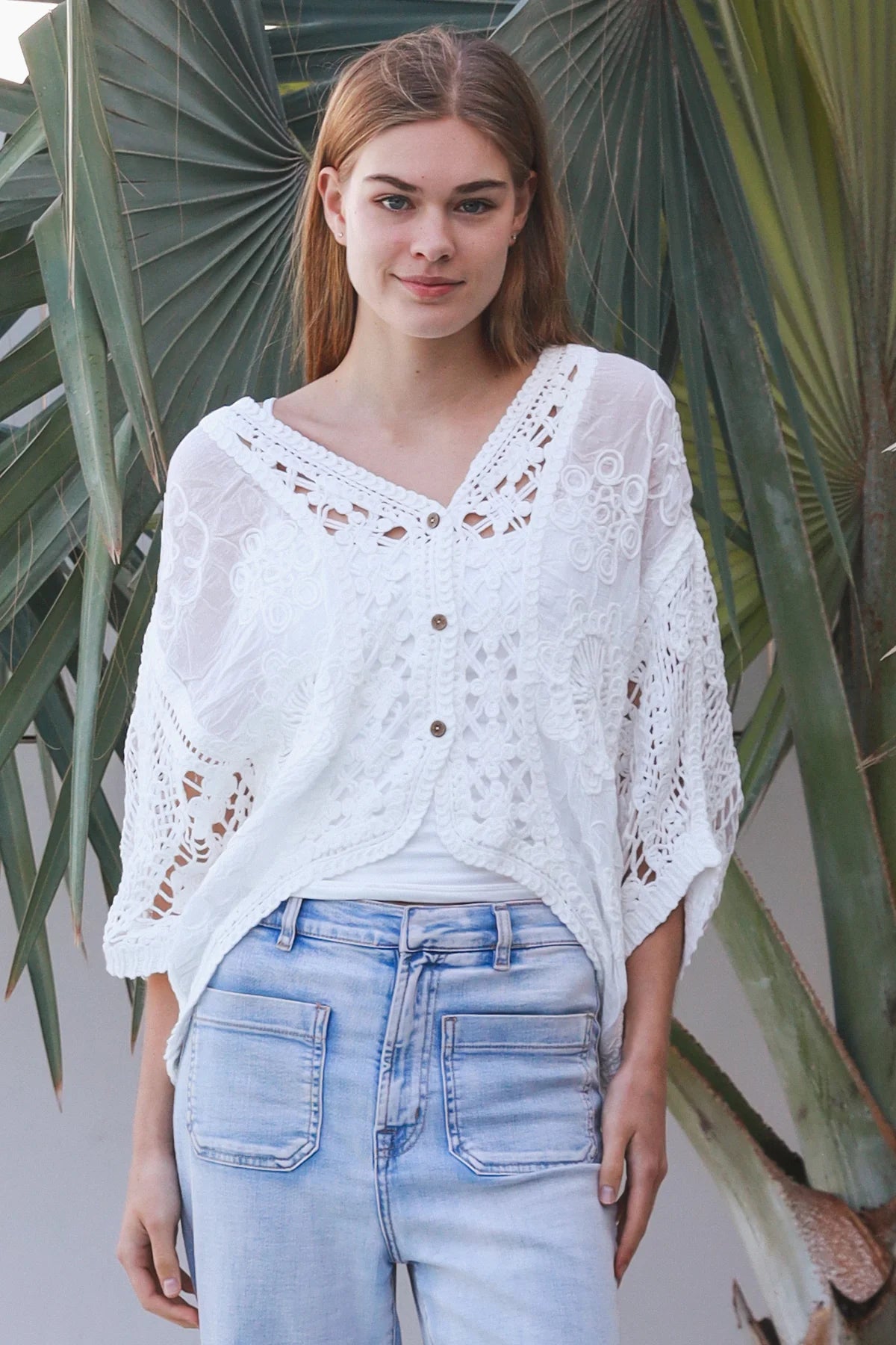 Lydia Button Up Crochet Batwing Top