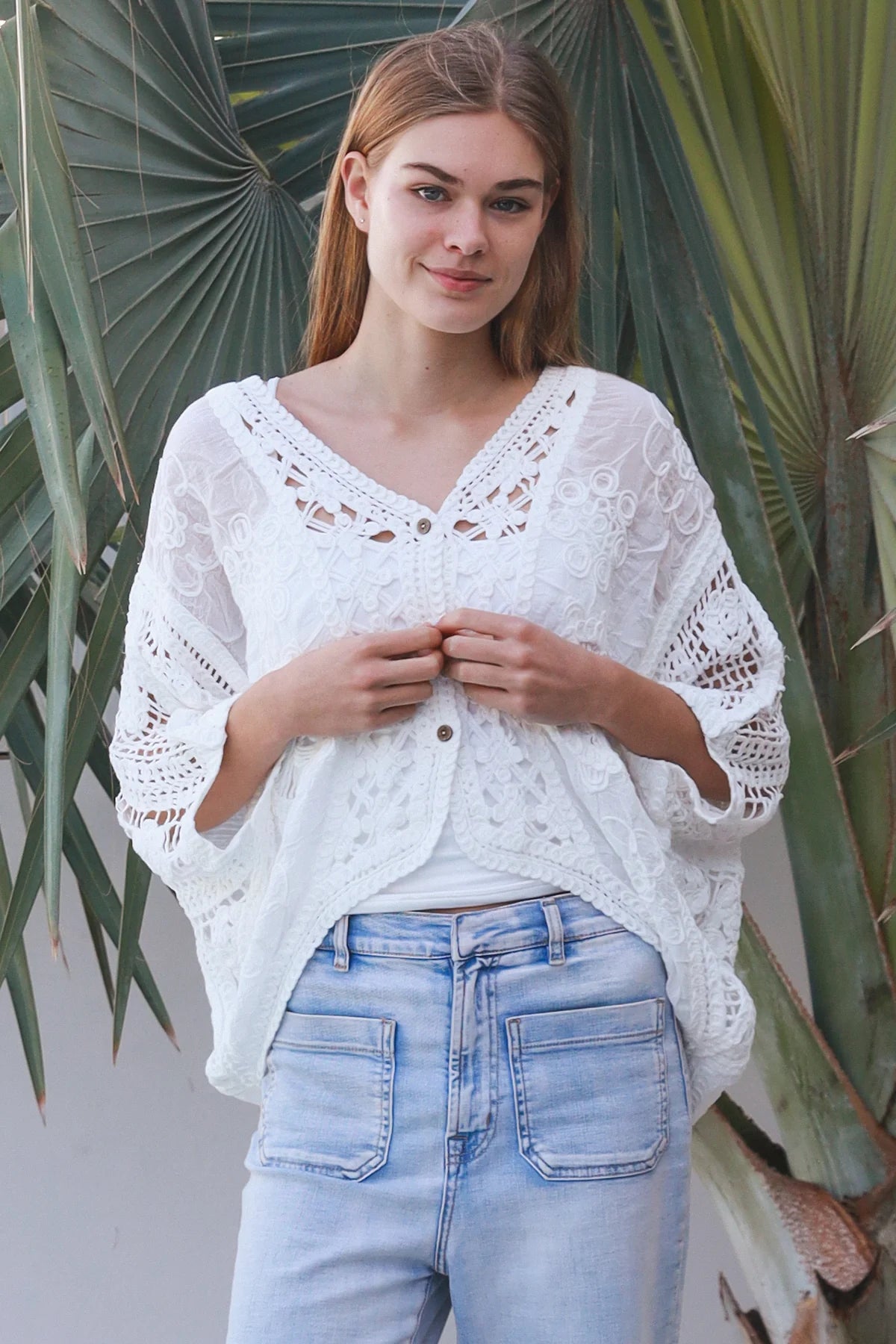 Lydia Button Up Crochet Batwing Top
