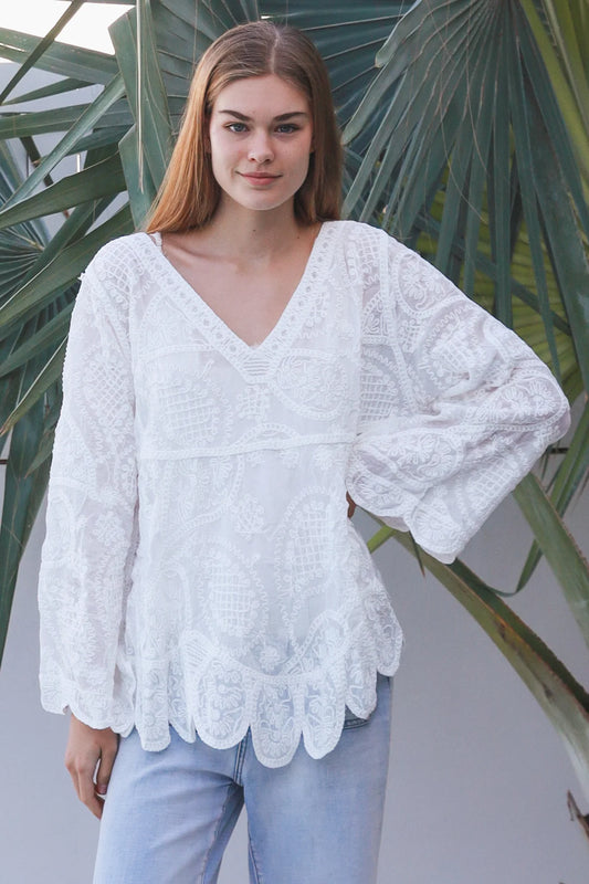 Long Sleeve Crochet Top With Scallop Hem