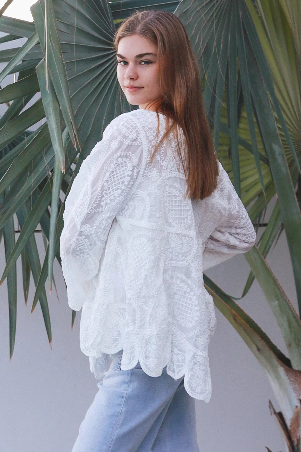 Long Sleeve Crochet Top With Scallop Hem