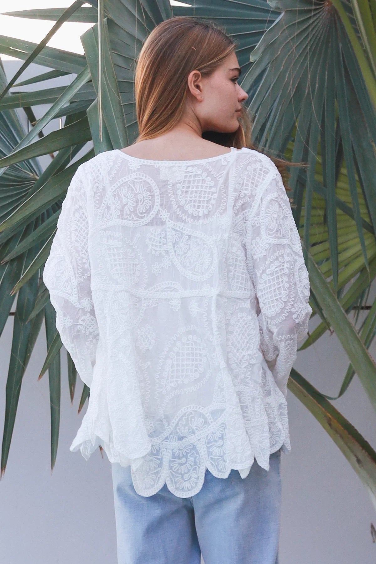 Long Sleeve Crochet Top With Scallop Hem