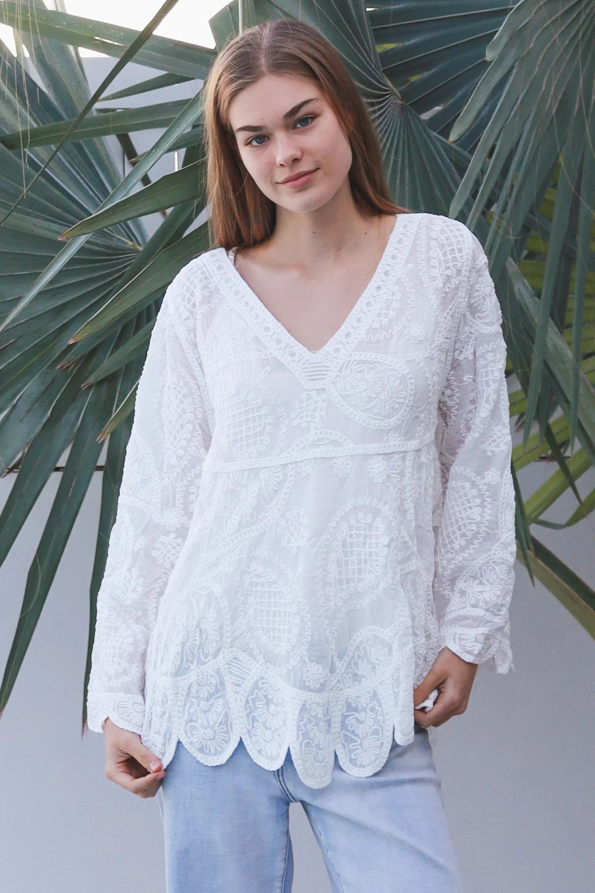 Long Sleeve Crochet Top With Scallop Hem