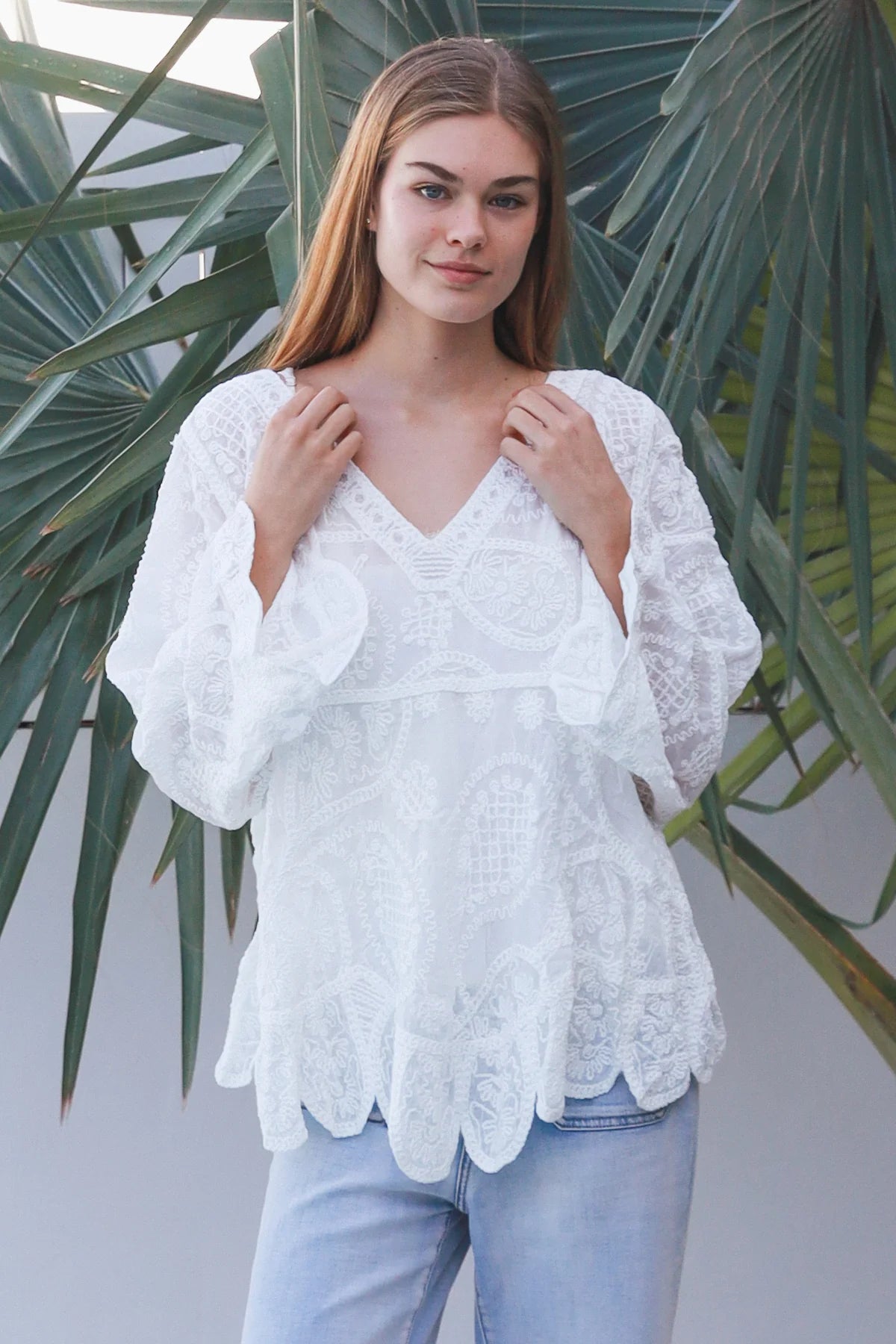 Long Sleeve Crochet Top With Scallop Hem
