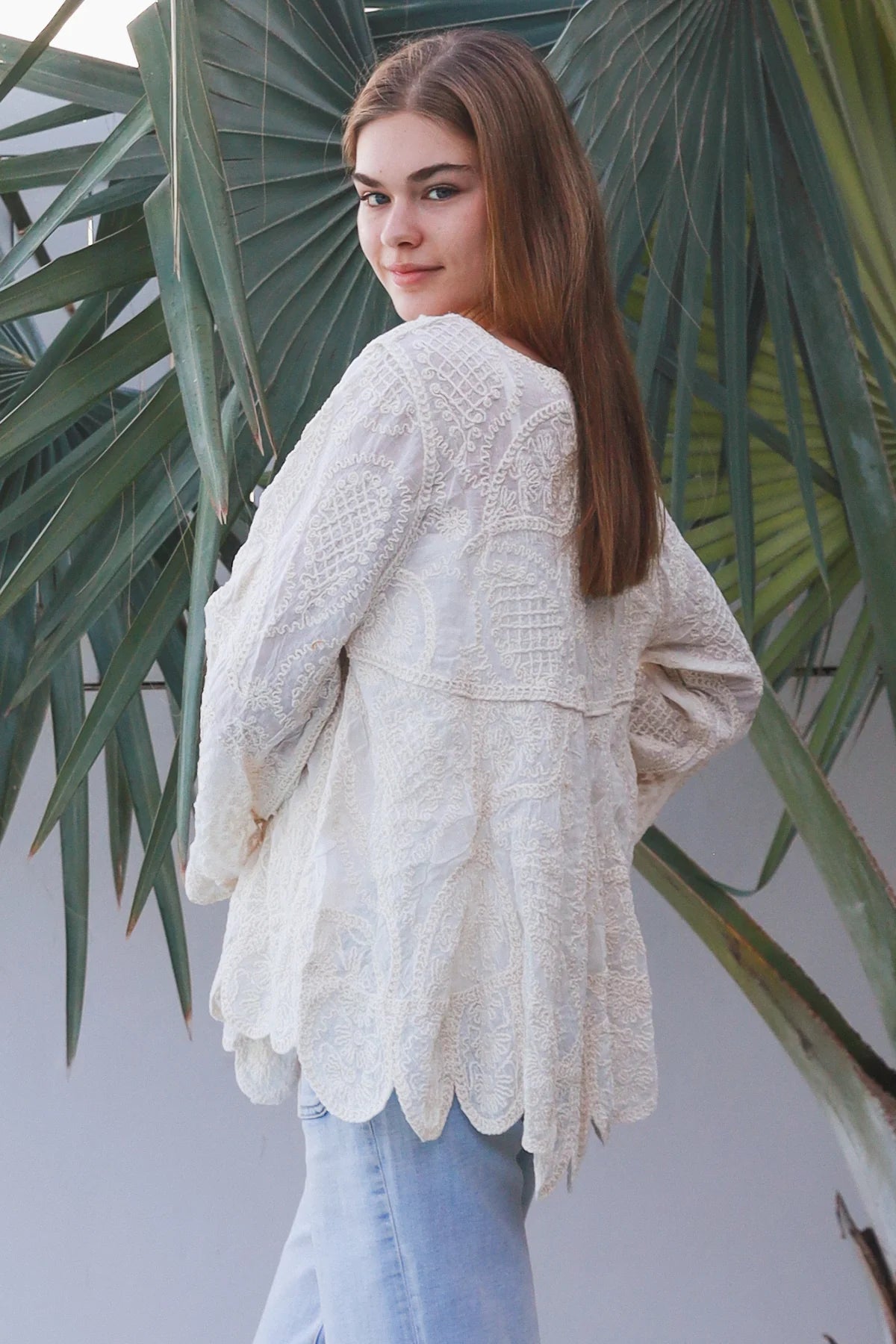 Long Sleeve Crochet Top With Scallop Hem
