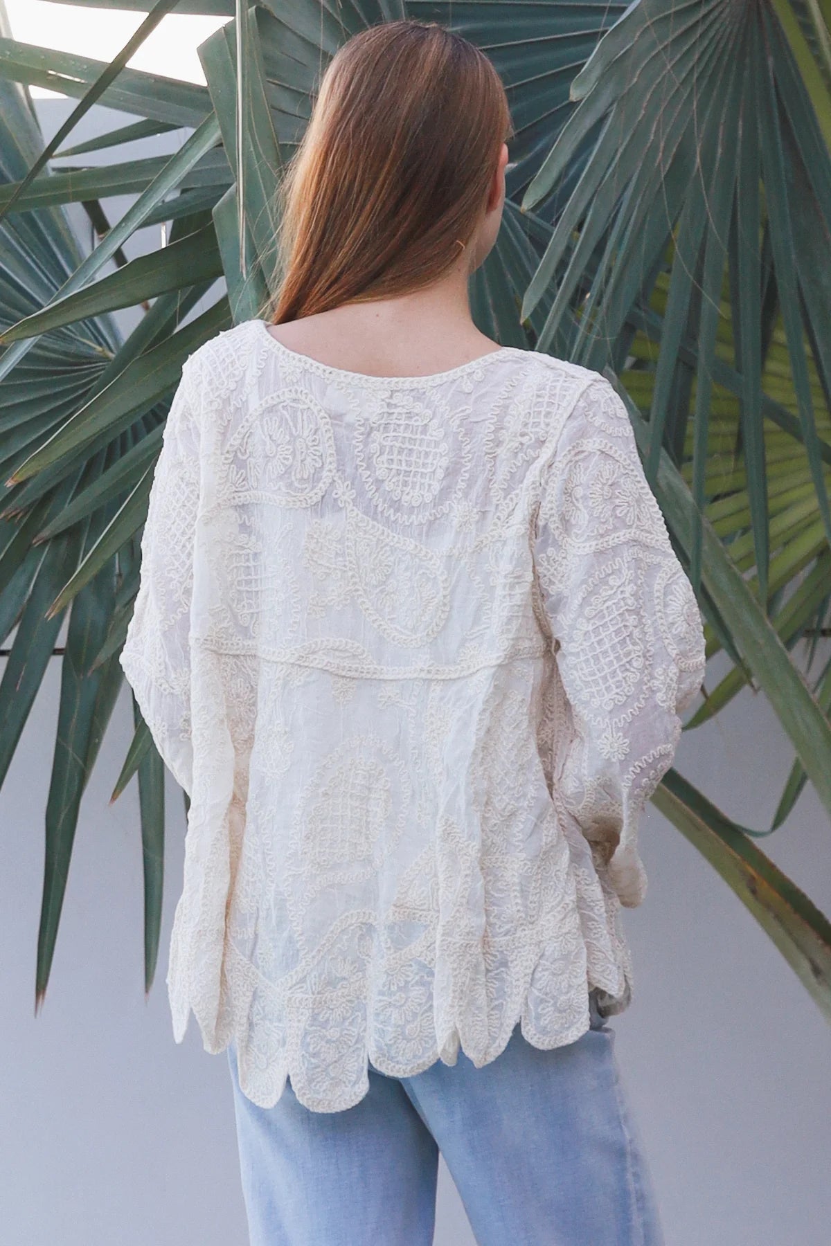 Long Sleeve Crochet Top With Scallop Hem
