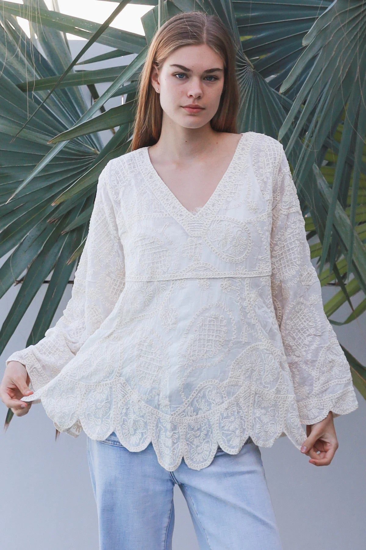 Long Sleeve Crochet Top With Scallop Hem