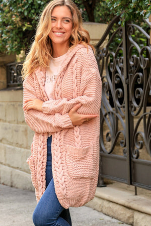 Cosy Cable Knit Cardigan With Hood & Pockets