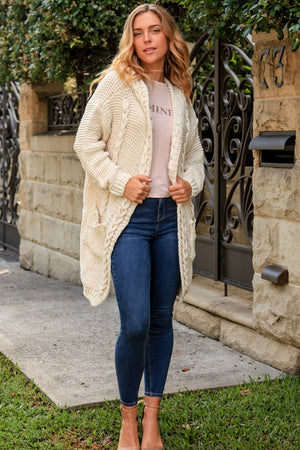 Cosy Cable Knit Cardigan With Hood & Pockets