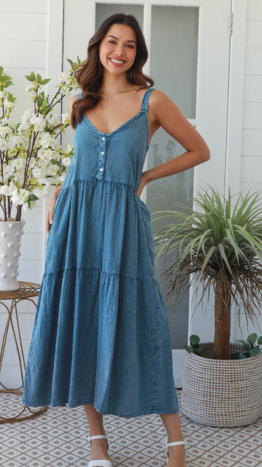Denim Look 3 Tier Strappy Maxi Dress