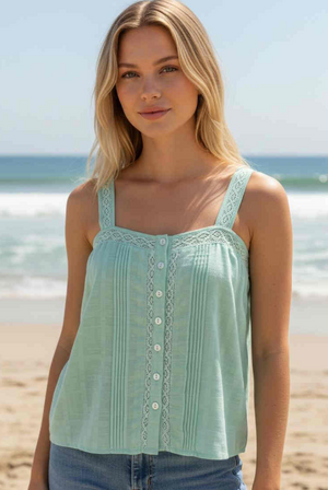 Button Up Tank Top With Pleats & Lace