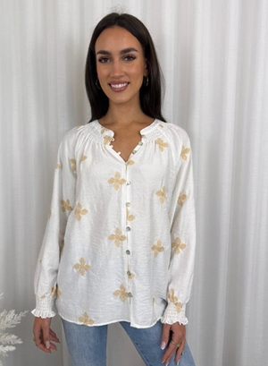 Pansy Embroidered Button Up Blouse