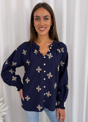 Pansy Embroidered Button Up Blouse