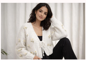 #Ashtin Puff Knit Tie Cardigan w/Embroidery