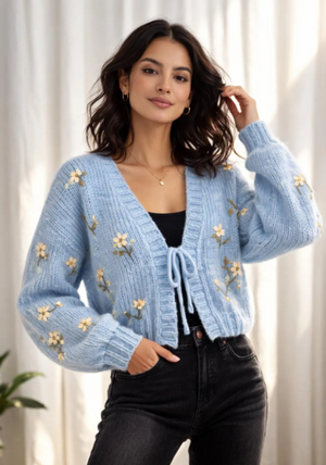 #Ashtin Puff Knit Tie Cardigan w/Embroidery