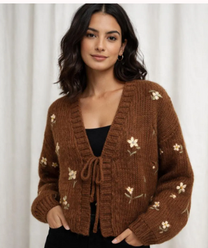 #Ashtin Puff Knit Tie Cardigan w/Embroidery