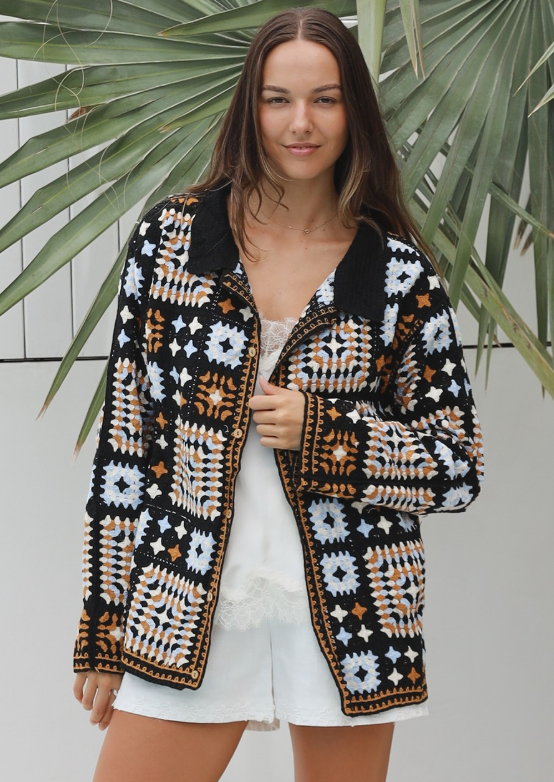 #Kaley Collared Button Up Crochet Jacket