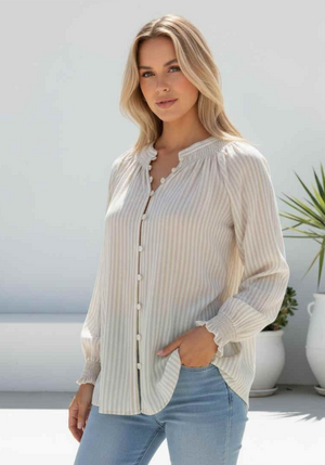 Barber Shop Long Sleeve Button Up Blouse