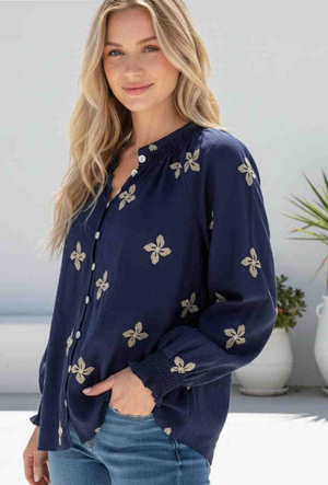 Pansy Embroidered Button Up Blouse