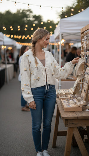 #Ashtin Puff Knit Tie Cardigan w/Embroidery