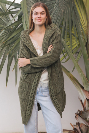Cosy Cable Knit Cardigan With Hood & Pockets